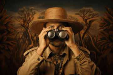A man looking through binoculars in a safari outfit