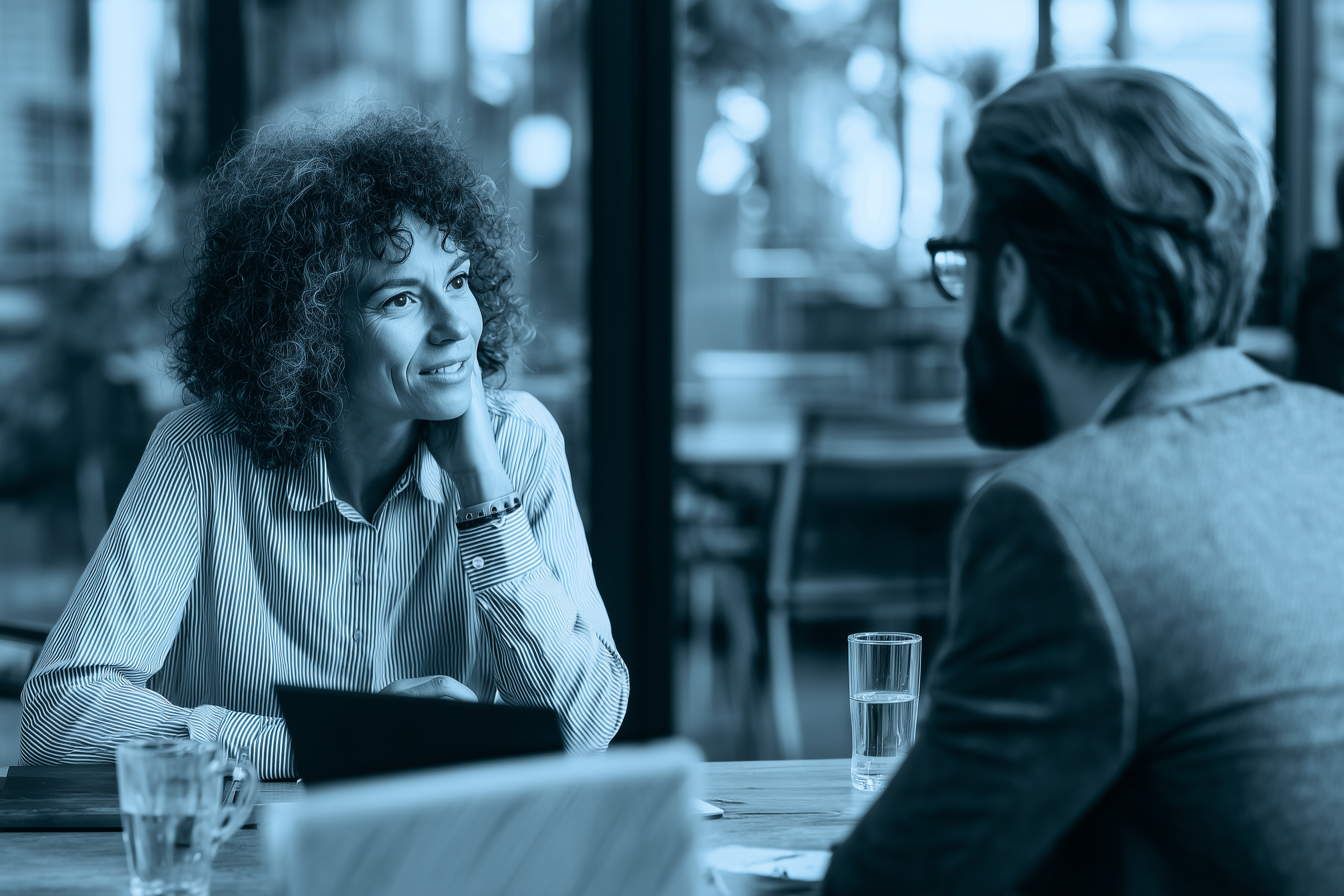 Co-workers having a one-on-one meeting