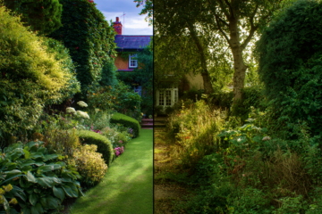 a side-by-side image of a garden
